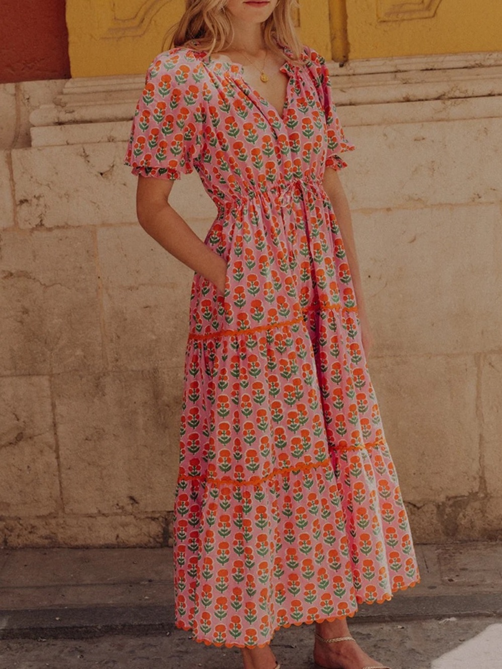 Pink City Prints Marigold Buta Calypso Women's Floral Cotton Maxi Dress XS